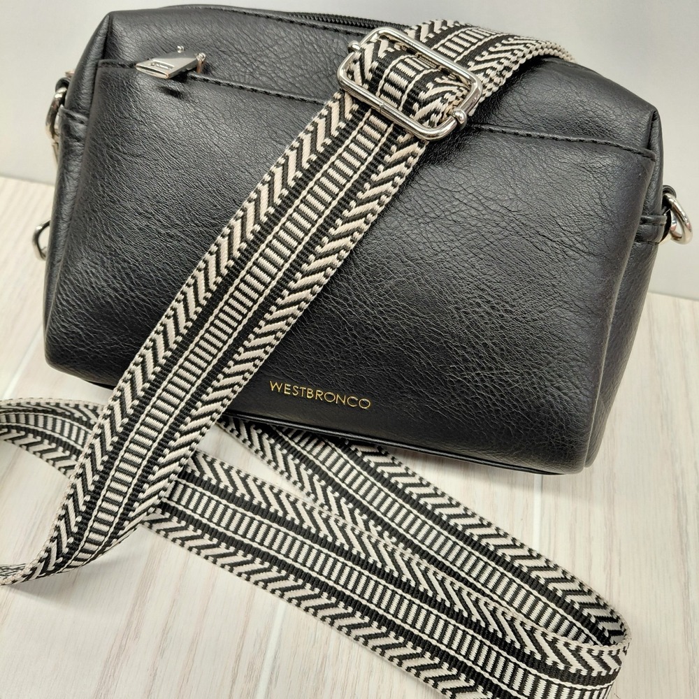 West Bronco Crossbody Triple Zip Bag Purse Black Aztec Print Wide Strap